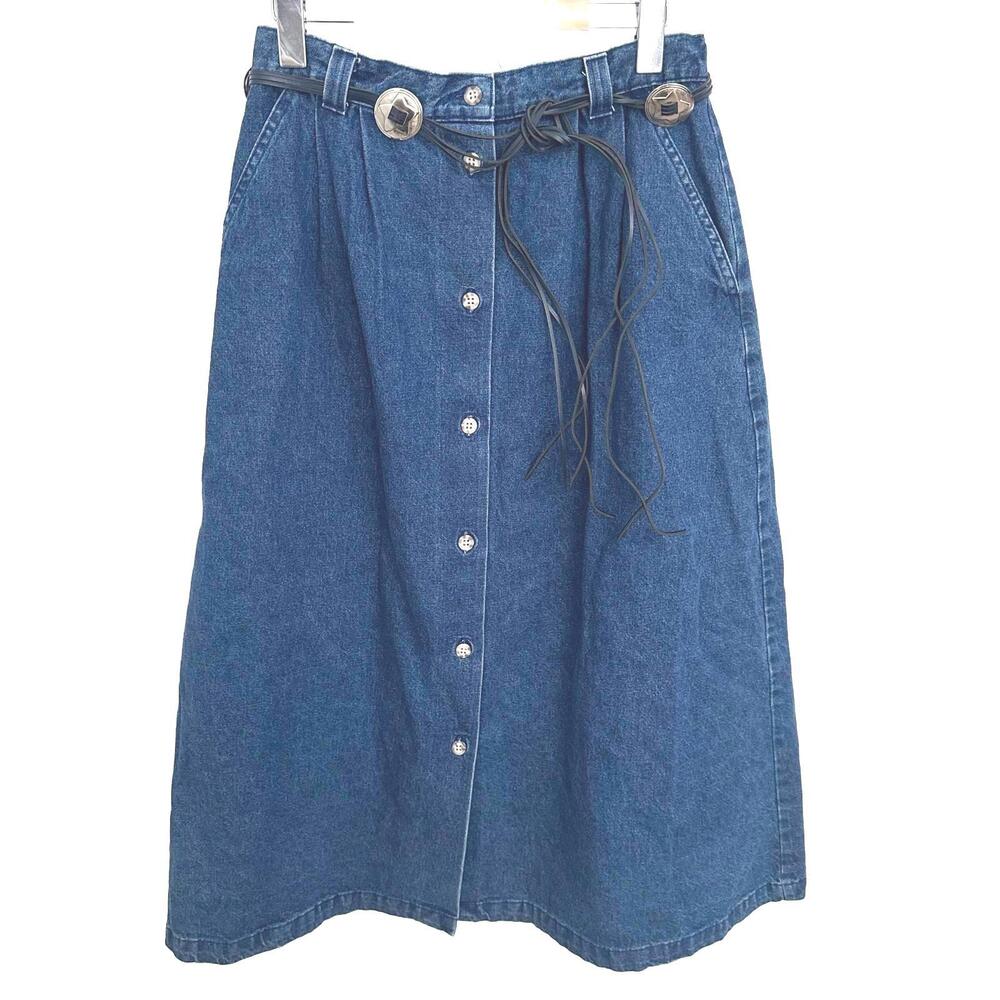 VTG I.C. Isaacs Western Style A-line Denim Button-Front Midi Skirt with Belt- 10